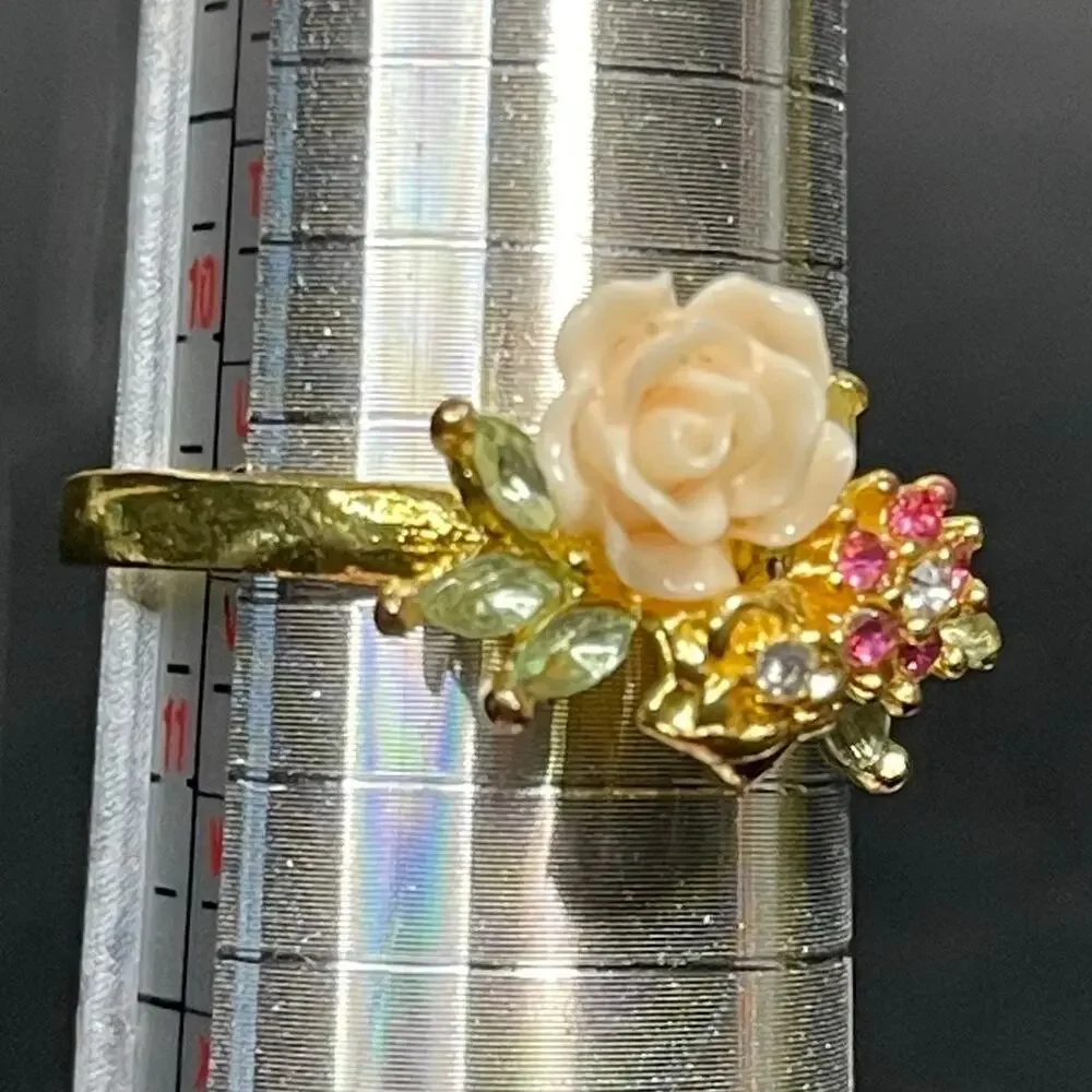 Lucite Carved Flower Colorful Rhinestones S925 Marked Vtg Sz 10.5 Inscription